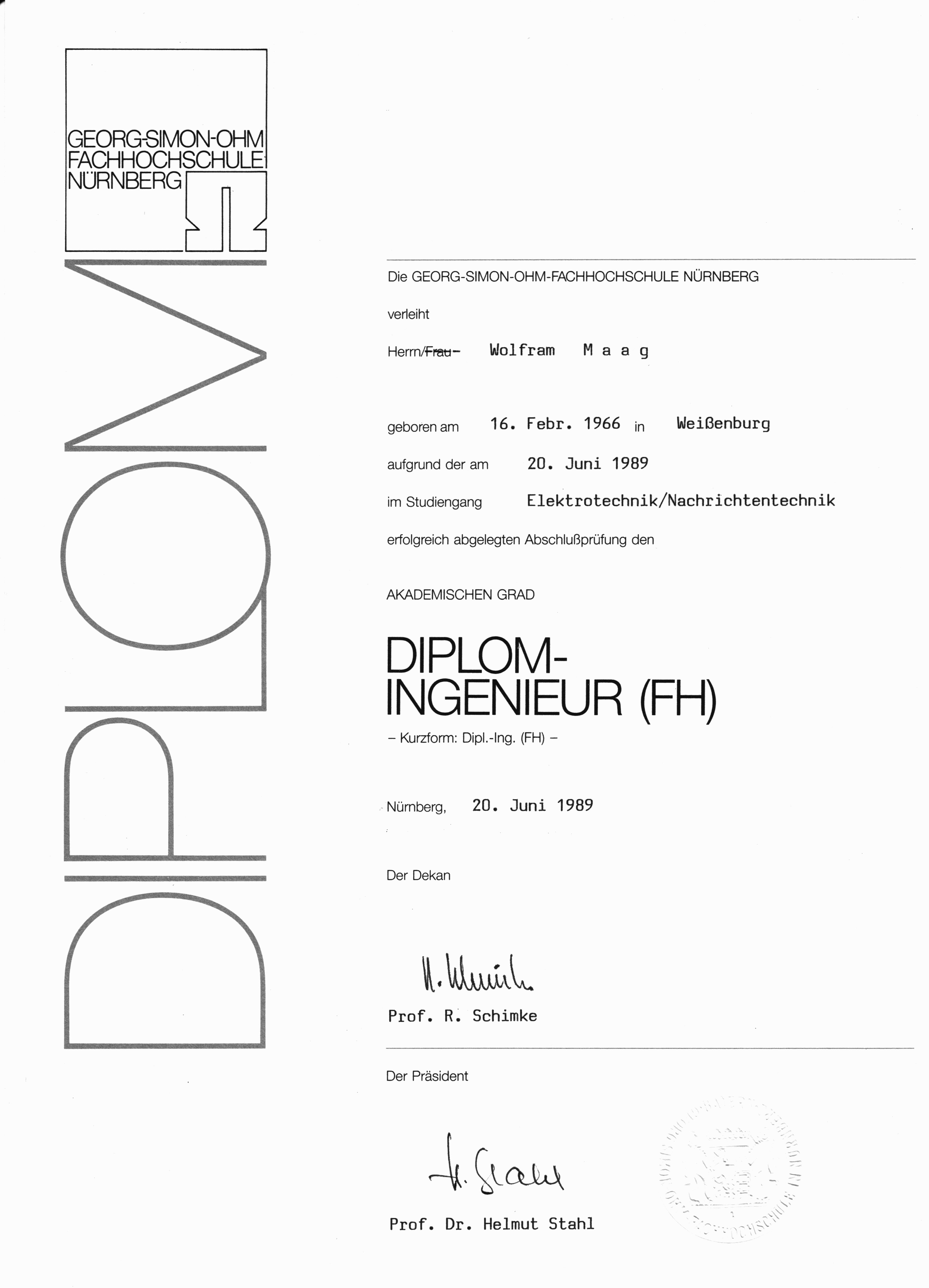 Diplomzeugnis Wolfram Maag